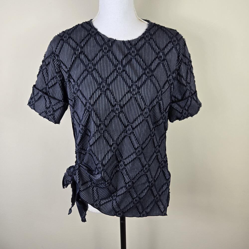 Derek Lam 10 Crosby Blouse Womens 8 Navy White Textured Lattice Side Tie Frayed